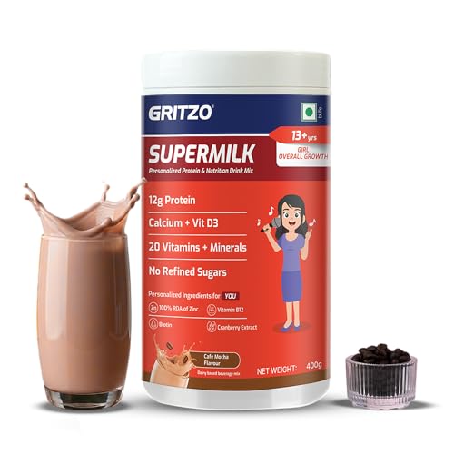 Image of Gritzo SuperMilk Overall Growth (13+ Girl), Cafe Mocha, 400g | 12g Protein with 20 Vitamins & Minerals | Zero Refined Sugar