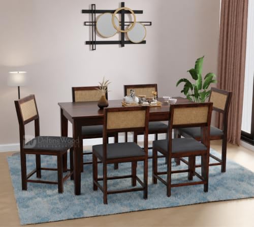 Image of DRIFTINGWOOD Amber Solid Sheesham Wood 6 Seater Dining Table Set with Rattan Back Chairs | Grey Velvet Cushioned Seating for Home & Dining Room (Walnut Finish, DIY)