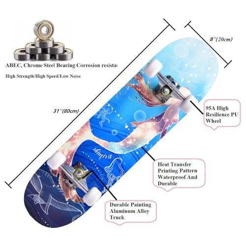 Image of Skateboards for Girls Beginners Kids Teens Adults Women,31''x8'',7-Layer Maple,Double Kick Concave,Fascinating Cool,Solid&Durable Gift