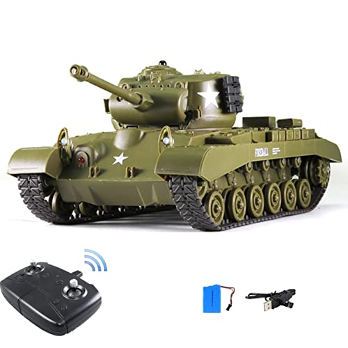WEECOC RC Tank M26 PerShing Vehículos Camión Militar RC Coche Remote Controlado Militar Batalla Tank Juguete 320 ° Rotacional Sonidos Realistas Gran Regalo para Niños Chicos (Verde)