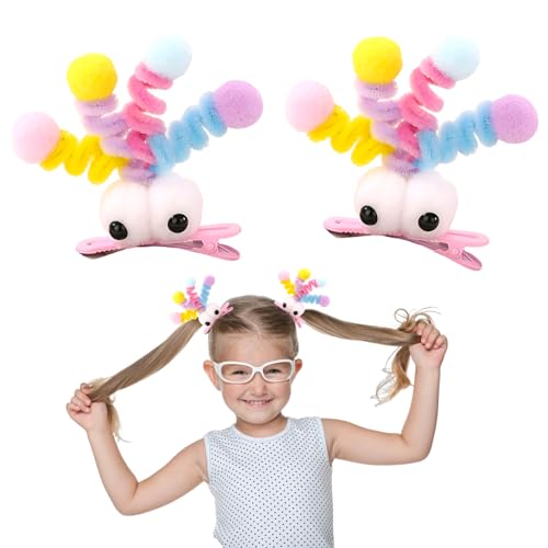 MIUPOO Fluffy Pom Poms Hair Clips Crazy Hair Day Accessories for Girls Quirky Little Monster Barrettes Plush Duckbill Hairpins Hair Barrettes Party Modeling Hair Accessories 2 Pieces Pink eyes