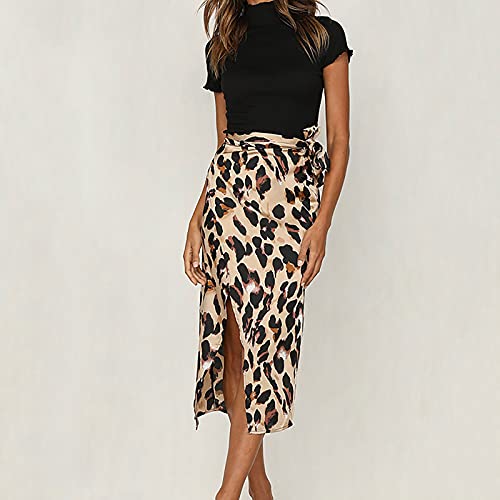 Women's Summer Slit Skirt with Separate Elasticated Waist Leopard Print Split Twist Front Thigh High Waist Elastic Midi Ruched Tie Skirt Brown - Image 5