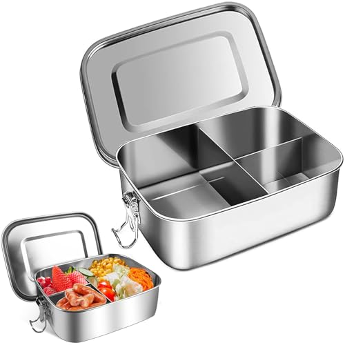 WEIWUXIAN Fiambrera Acero Inoxidable, 850ml Caja Almuerzo Bento, Fiambrera Prueba Fugas, Contenedores Alimentos Con Anillo Sellado y 3 Compartimentos, para Lavavajillas para Niños y Adultos