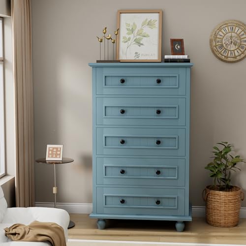 Image of 42.7'' Tall 5 Drawer Dresser for Bedroom, Vintage Blue Wood Storage Chest | Farmhouse Dresser for Closet, Wood Storage Cabinet, Antique Roman Column Legs, Painted Finish, Easy Assembly, Anti Tipping