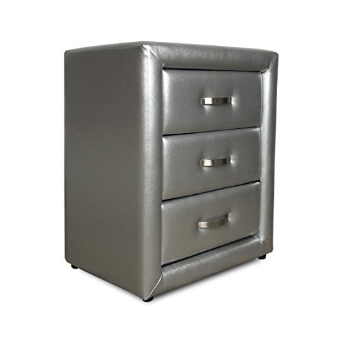 SUENOSZZZ-ESPECIALISTAS DEL DESCANSO Mesita de Noche Auxiliar para Dormitorio con 3 cajones, tapizada en Polipiel de Color Plata