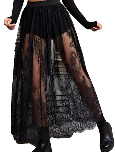 AIRRUMVE Women's Sheer Lace Maxi Skirt High Waist Sheer Mesh A Line Flowy Long Skirt3
