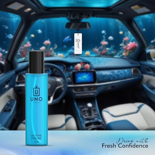 Image of Uno Aroma Active Fresh Car Perfume - Alcohol-Free, Long-Lasting Car Fragrance, Removes Odours, Toxin-Free & Easy to Use Hanging Card, No-Gas Car Perfume with 200+ Sprays, Lasts up to 90 days (30mlx2)