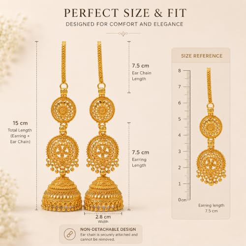 Image of Shreyadzines Gold Plated Jhumka Earrings with Ear Chain for Women | Traditional gold plated jhumka earrings with attached ear chain, wedding jewelry, lightweight support design