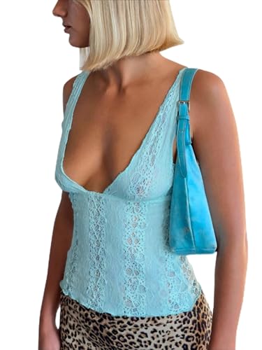 Women's Lace Tank Tops Deep V Neck Sexy Sheer Sleeveless Slim Fit Tee Shirt Cute 2025 Summer Going Out Top