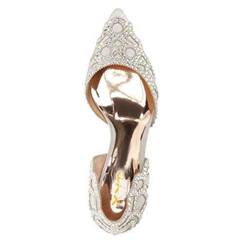 Image of XYD Women's Pumps, Elegant Pointed Toe, D'Orsay Kitten Low Heels, Rhinestone Studs, Slip-On Satin Shoes for Wedding