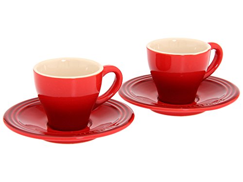 Le Creuset Stoneware Set of 2 Cappuccino Cups and Saucers, 2 oz. each, Cerise