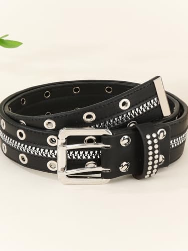 Women's Vintage Zip Rivet Studded Belts PU Leather Western Punk Waist Belts for Jeans4