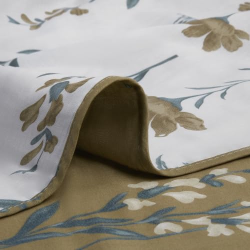 Image of HUESLAND 100% Cotton Reversible Dohar Single Bed Cotton | Soft Cambric Weave, All Weather Light AC Blanket | 56 x 89 inches, Floral - Olive Green & White