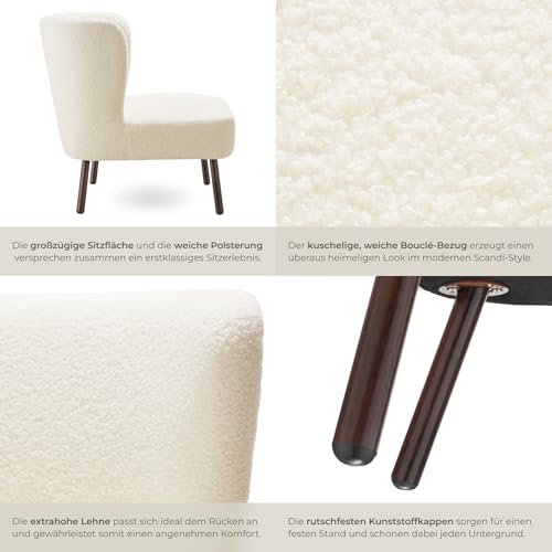 tectake® Teddy Cocktailsessel, Sessel mit kuscheligem Bouclé-Stoff im Scandi-Style, Couch Loungesessel mit Dicker Polsterung, Stahlbeine in Holzoptik, Relaxsessel für Wohnzimmer Schlafzimmer Büro