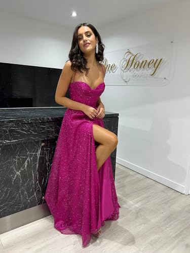 Sparkly Tulle Prom Dresses for Women 2025 Cowl Neck Aline Formal Evening Dress QA2024