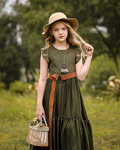 Bibihou Girl Kids Lace Crew Neck Flower Ruffle Sleeve Swing Holiday Party Wedding A-Line Maxi Long Dress, 8Y #TOP2