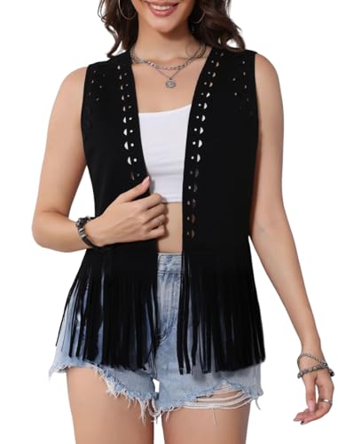 HYTENSUN Women's Boho Fringe Vest Western Suede Sleeveless Jacket for Festival Cowgirl Outfit 70s Retro Style Layering Vest