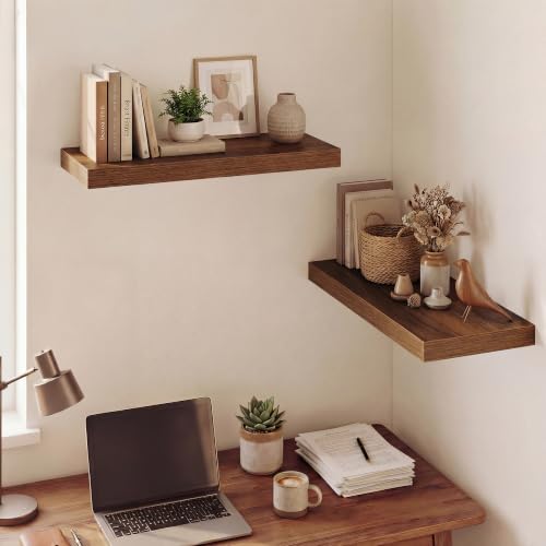 Image of Dreamland 24 Inches Floating Shelves for Wall,9.3 inch Deep Long Floating Shelves Set of 2,Large Display & Storage Shelf,Wall Shelf for Bathroom Bedroom Living Room Kitchen Office,Walnut
