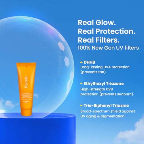 Image of Foxtale Glow Sunscreen SPF 50 PA++++ with Vitamin C & Niacinamide, In-Vivo Tested, Sensitive-Skin Friendly, Made with 100% New-Gen Filters, Lightweight, Non-Greasy, No White Cast |For Men & Women | All Skin Types | 10 Ml