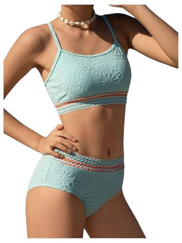 OYOANGLE Girl's 2 Piece Bikini Sets Textured Spaghetti Strap Wireless Swimsuits High Waist Bathing Suits
