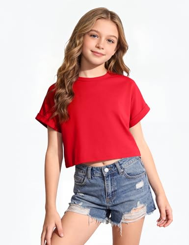 Image of Girls Crop Tops Short Sleeve T-Shirts for Girl Crew-Neck Basic Tee Size 7-14 Years