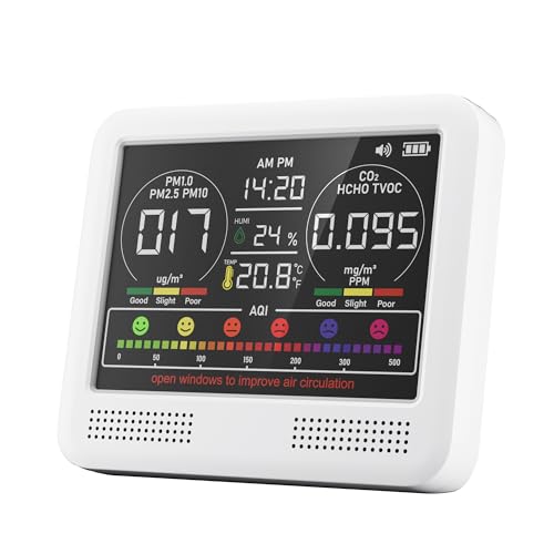 Image of 16-in-1 Indoor Air Quality Monitor with PM1.0,PM2.5,PM10,CO2,HCHO,TVOC,Temperature,Humidity,Time Display &7 AQI Alarms - Professional Air Quality Tester for Home, Office & Indoor Use (Ivory White)
