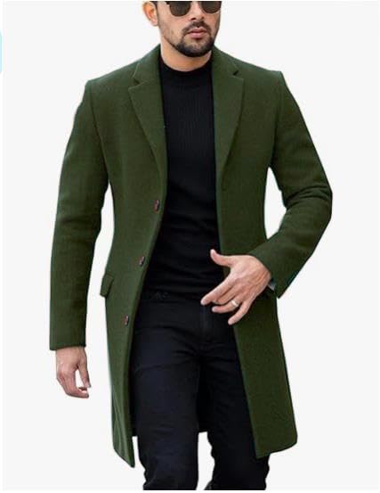 Kenhansion Men's Single-Breasted Cardigan Tweed Coat Long Sleeve Jacket Business Fashion Notched Collar Overcoat Warm Coats, Green, 3X-Large
