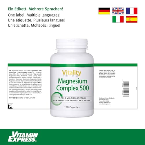 Magnesium 500 Komplex aus 7 verschiedenen Magnesiumverbindungen Citrat, Glycinat, Taurat, Gluconat, Oxid, Ascorbat, Malat (120 Kapseln) Magnesium Hochdosiert Vitality Nutritionals by VitaminExpress