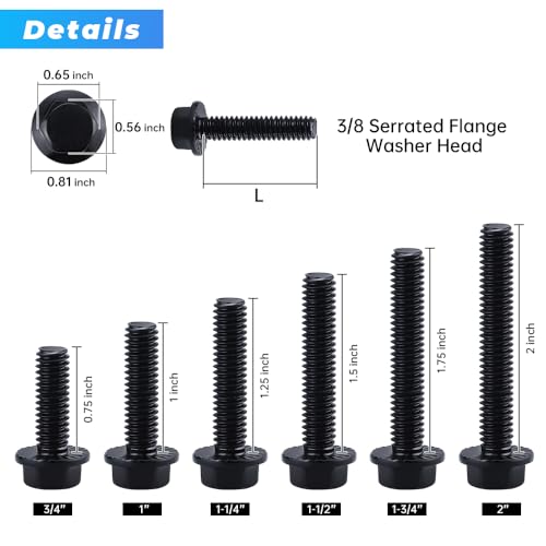 Image of Glvaner 3 /8-16 x 1-1 /2 inch (10 pcs) Stainless Steel Serrated Flanged Hex Head Bolts Bolts, 18-8 (304) Stainless Steel, Full Thread, Black Coated