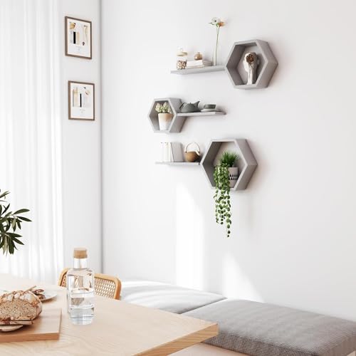 Image of Wooden Floating Wall Shelves Wall Mounted - Set of 6 Hexagon Shelves Display for Photos, Plants, Honeycomb Shelves for Living Room, Bedroom, Bathroom, Kitchen, Office (Grey)