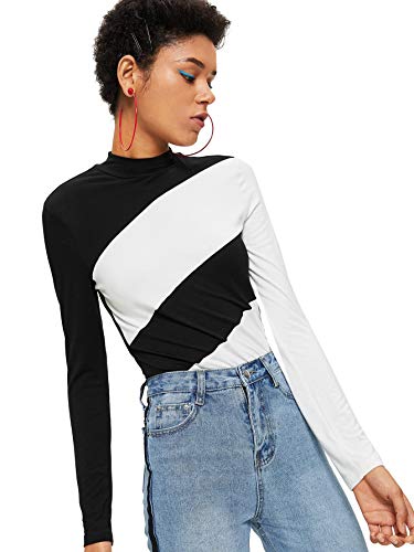 WDIRARA Women's Stretchy Colorblock Long Sleeve Tee Stand Collar Slim Fit Top Black and White M