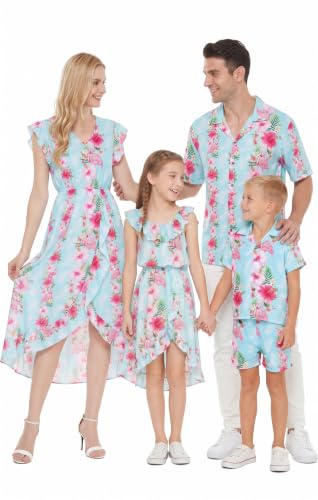 Image of Hawaii Hangover Family Matching Clothes, Pink Hibiscus Vine Turquoise | Family matching Hawaiian outfits, Pink Hibiscus Vine Turquoise, lightweight rayon, machine washable, tropical floral print