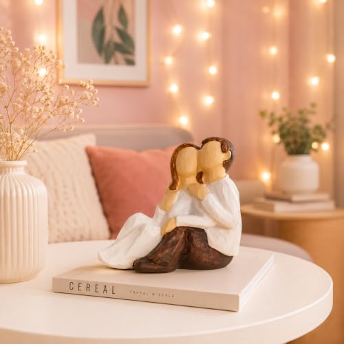Image of Beautiful Hand Painted Small Size Resin Sitting Romantic Couple Statue for Home Decor (Pack of 1, White & Brown Color)