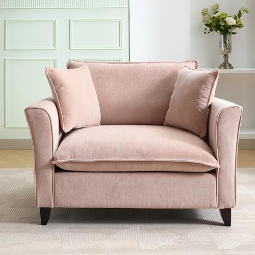 Merax 46.3 Chenille Accent Chair Oversized Reading Armchair w/2 Pillows Modern Corner Single Cloud Sofa Arm Chairs Comfortable Living Room Deep Cushion Seating for Office & Apartment Pale Pink