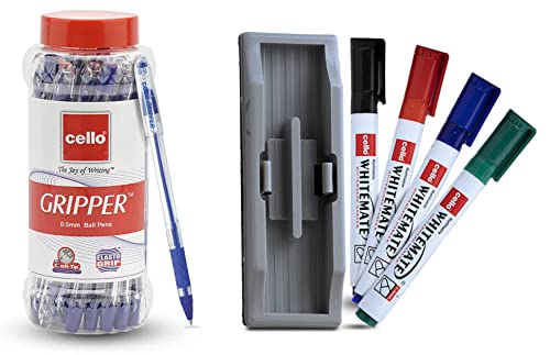 Image of Cello Gripper Ball Pen Set - Pack of 25 (Blue) Whitemate Whiteboard Markers & Duster