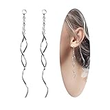 Sterling Silver Spiral Long Wire Earrings, Handmade Twisted Linear Hypoallergenic Dangle Drop Earrings, Gift for Women (Silver)