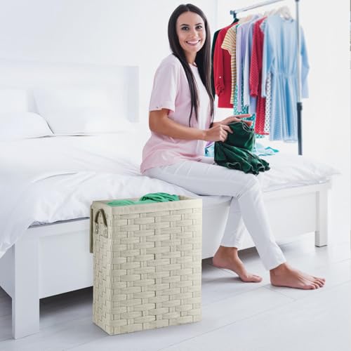 EHC Slimline Laundry Linen Basket Bin Bathroom Storage Hamper Basket With Lid - Cream - Image 3