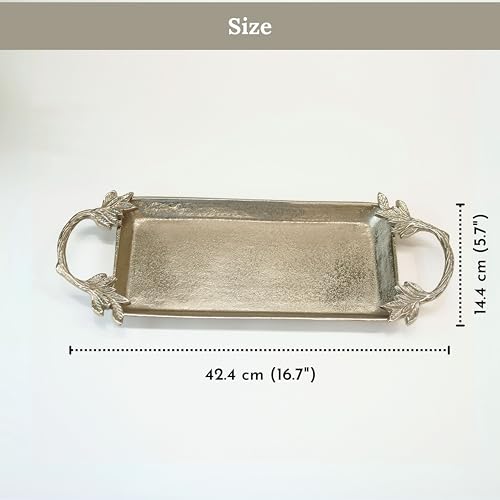Image of BEHOMA Aluminium Silver Serve Tray with Leaf Handle, 16.7 inch | Silver aluminium serve tray with leaf handle, 16.7 inch; perfect Durga Puja & Navratri serveware.