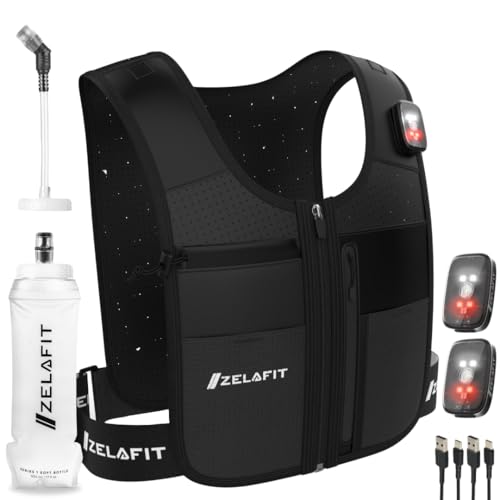 ZelaFit® Chaleco recargable LED para correr con botella de agua y pajilla, chaleco de hidratación reflectante con 8 bolsillos, mochila para correr alternativa en 2 tamaños, hombres y mujeres (mediano
