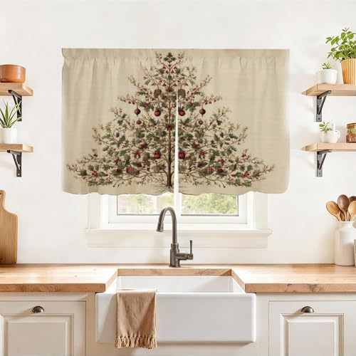 Image of Self Adhesive Vintage Evergreen Tree Cabinet Curtain for Mother's Day, 39x28 Inch Rustic Pine Under Sink Skirt No Drill, Spring Cleaning Kitchen Decor, Hook and Loop Laundry Valance