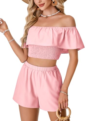 LYANER Women's 2 Piece Outfits Off Shoulder Ruffle Sleeve Shirred Crop Top Wide Leg Shorts Set3
