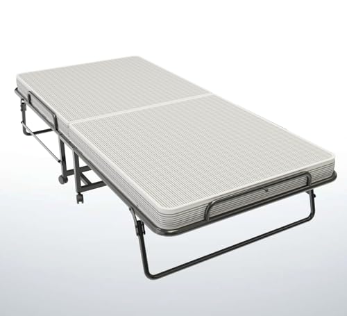Image of Sahni Foldable Furniture Premium Rollaway Folding Bed with 4 Inch Mattress, Single Guest Bed with Lockable Wheels, Heavy Duty Metal Frame, Portable Foldable Bed for Sleeping