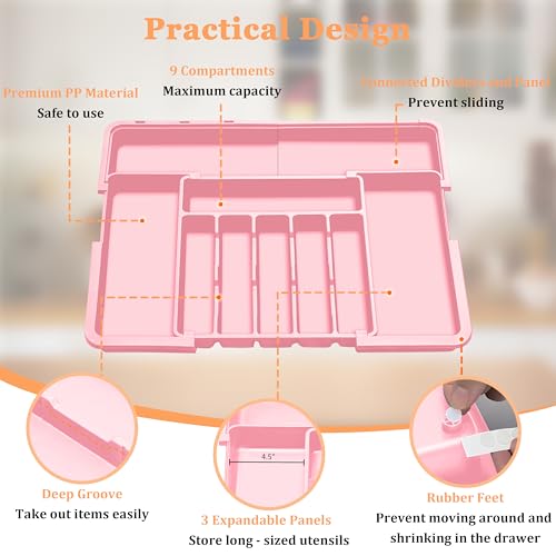 Silverware Organizer Expandable Kitchen Utensil Drawer Organizer Large BPA Free Adjustable Cutlery Silverware Tray for Spoons Forks Knives Storage Divider for Kitchen Flatware 6-9 Slots Pink