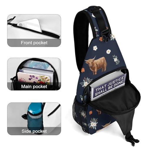 Multipurpose Shoulder Sling Floral Cattle Highland Cow Women Men Unisex, Durable Polyester Daypack Gym Running Shopping Daily Use4