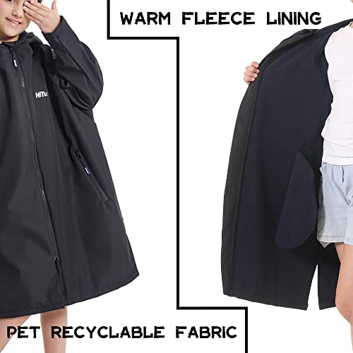 Hiturbo Kids Waterproof Swim Parka: Thin Fleece Lined Swimming Coat - Oversized Swimmer Jacket for Surf Swim Team (8-12Y, Black)