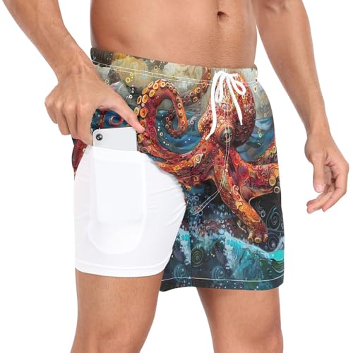 Red Octopus Mens Swim Trunks with Compression Liner 4.7" Inseam Quick Dry Swimming Shorts#5982