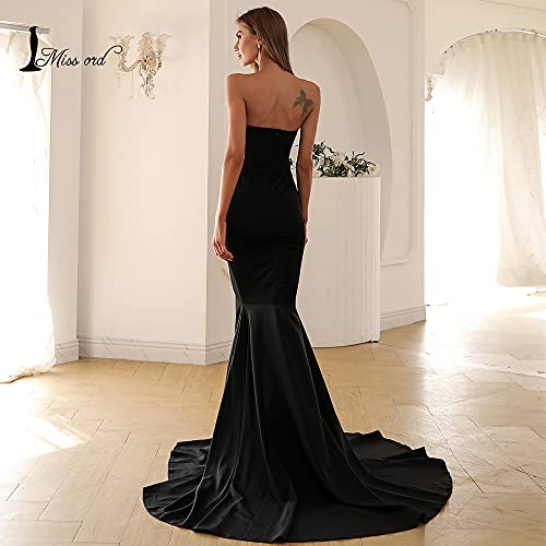 Miss ord Women's Sexy Formal Strapless Asymmetric Slit Long Evening Prom Dress Wedding Party Maxi Gown Black