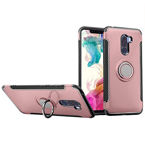 Xiaomi Pocophone F1 Case, QLOA 2 in 1 TPU+PC Double Protection Case Shockproof Cover with 360 Degree Rotating Ring for Xiaomi Pocophone F1 (2018 Release)-Rose Gold