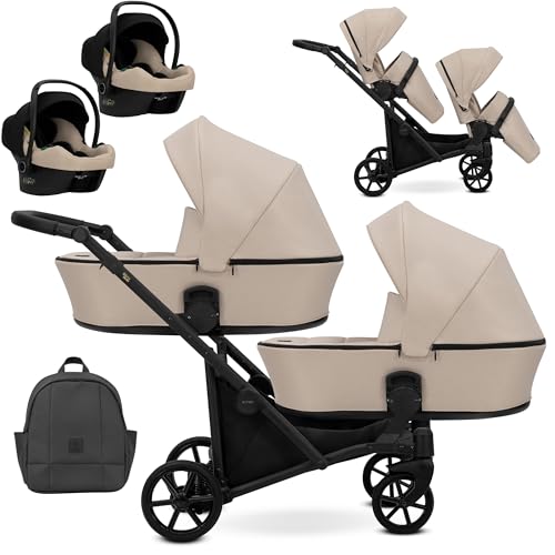 Kunert BRAV Cochecito Gemelar 3 en 1+Accesorios: Confort, Seguridad, Practicidad, Diseño Elegante y Funcional, Sistema Versátil, Estructura de Aluminio, Ligero (Crema/Marco Negro)