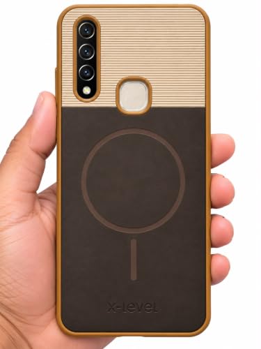 Image of Bintage Mac Safe Design Hard Slim Back Case | Soft Border Camera Protect | Dual PU Leather Finish Back Cover Compatible for Vivo Y12 / Y15 / Y17 / U10 - White & Cherry Brown